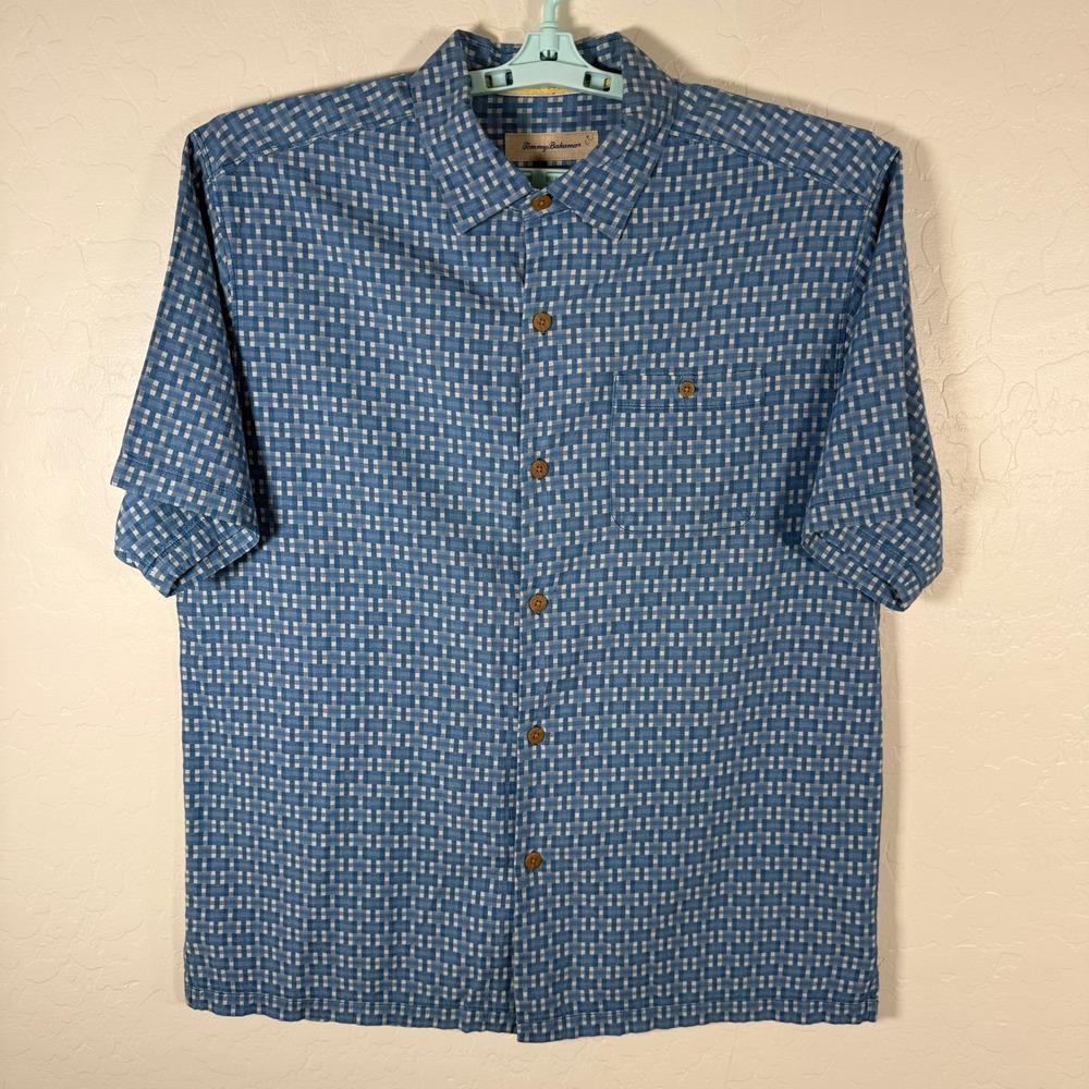 Tommy Bahama‎ Shirt Mens Large Blue Silk Cotton Hawaiian Camp Beach Island